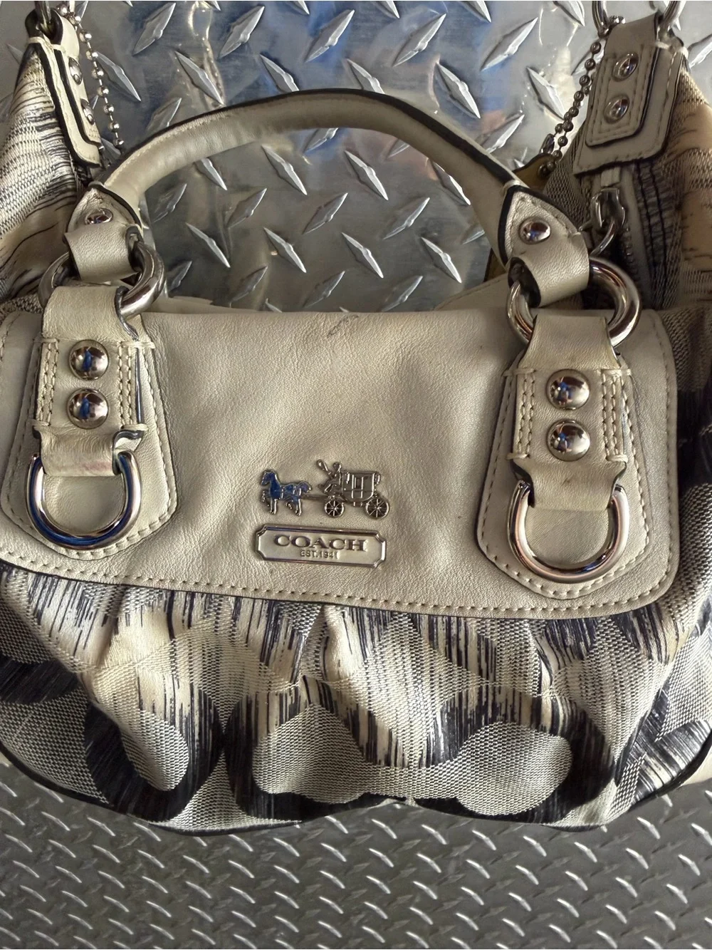 Coach Cream and Black Signature Shoulder Bag